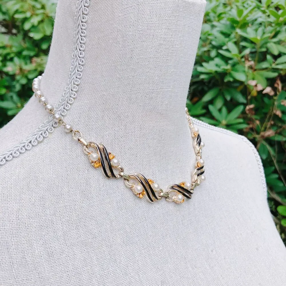 Vintage 50s Gold Tone Black Enamel Faux Pearl Rhinestone Link Choker Necklace